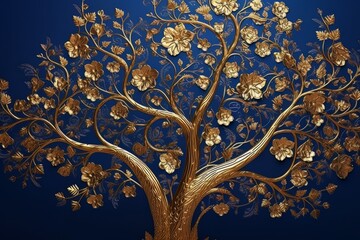 Fototapeta na wymiar Blue wallpaper with golden tree abstraction for interior mural wall art decor. Ai Generative AI