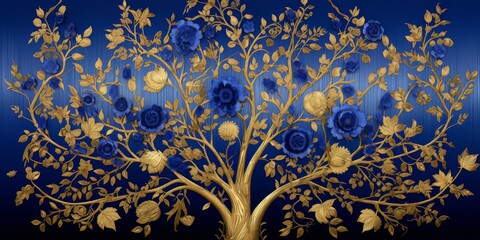Blue wallpaper with golden tree abstraction for interior mural wall art decor. Ai Generative AI