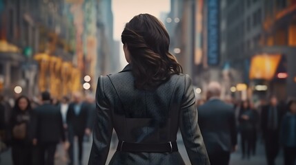 大都会を歩く、スーツ姿の、後ろ姿の、美しい女性の姿　