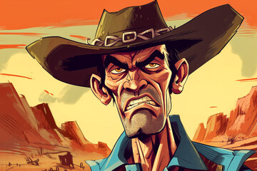 Graphic novel style illustration of a rugged cowboy in the old west, desperado outlaw. Generative AI.