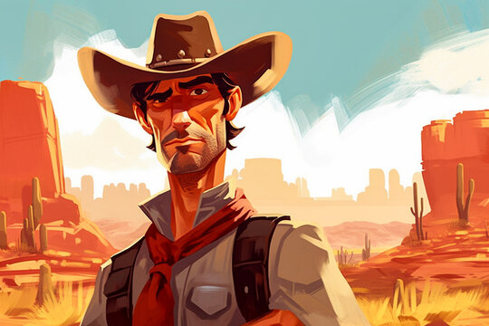 Graphic novel style illustration of a rugged cowboy in the old west, desperado outlaw.