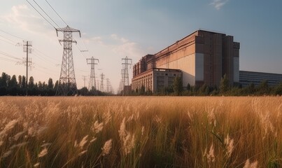 Nuclear power plant with yellow spikelet field and blue clouds made with generative AI