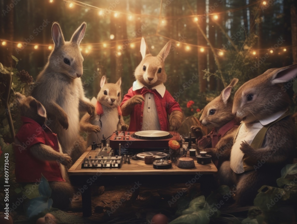 Poster a group of rabbits standing around a table. generative ai image.