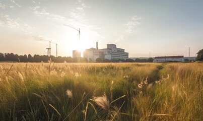Fototapeta na wymiar Nuclear power plant with yellow spikelet field and blue clouds made with generative AI