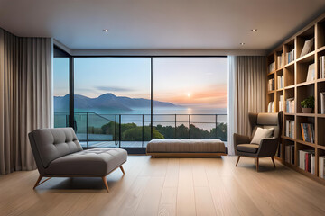 modern living room, a quiet reading room with a stunning view outside the window