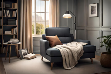 modern living room, a quiet and comfortable reading room with sofas and blankets to keep you inspired