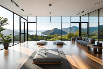 modern interior with table, room to mediate and calm the mind - obrazy, fototapety, plakaty