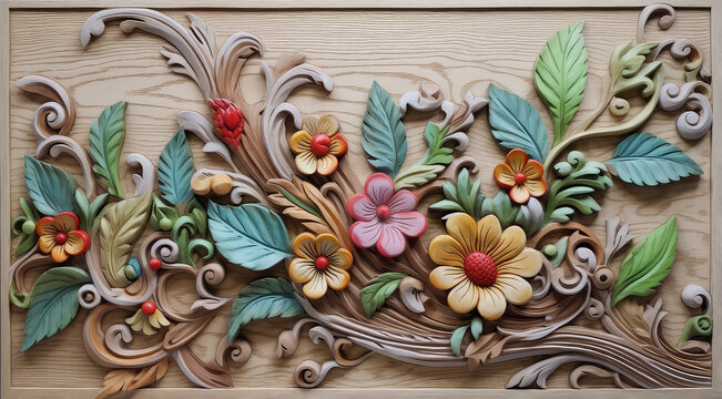 Painted wood plank carving, framed floral design with carved branches and colorful leaves and flowers. Abstract illustration created with Generative AI technology.