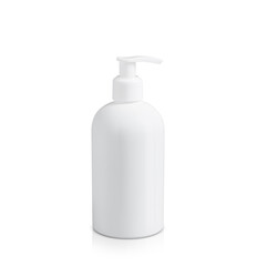 Bottle of cosmetic product with pump dispenser on white background