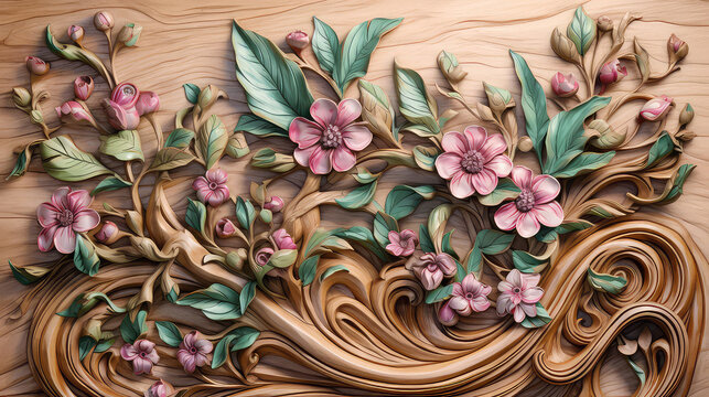 Painted wood plank carving, abstract floral design with carved wood swirl branches, green leaves, and pink flowers. Abstract illustration created with Generative AI technology.