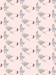 Vector seamless pattern of flat rooster chicken hen hand drawing illustration.