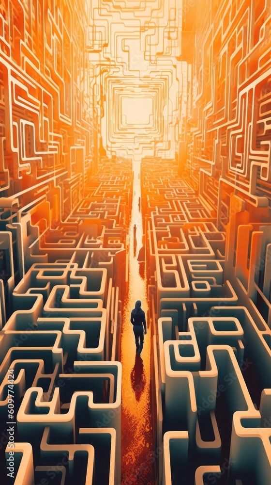 Poster a man walking through a maze in the middle of a city. generative ai image.