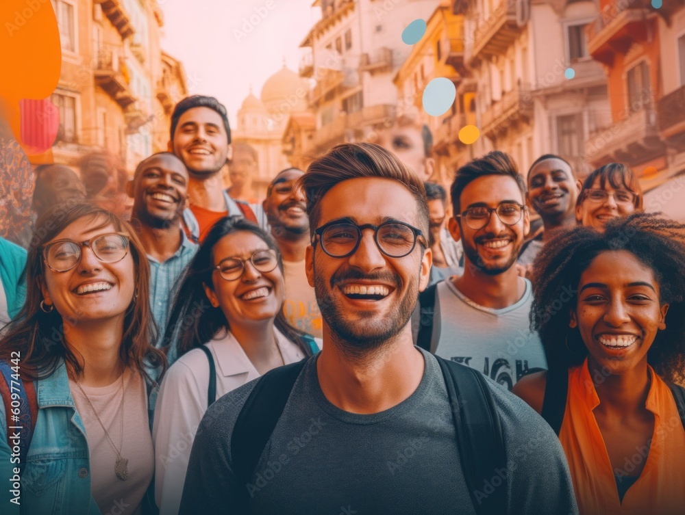 Poster a group of people standing in front of a building. generative ai image.