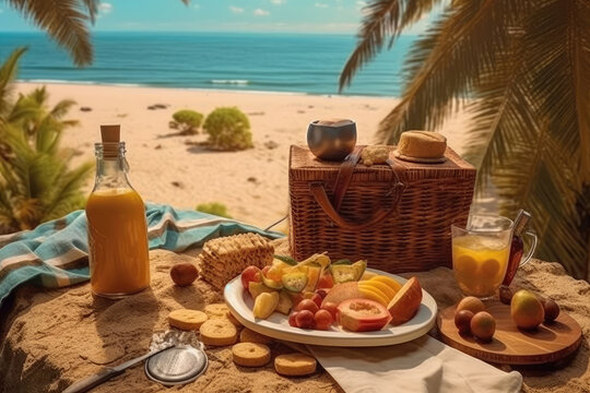 photo of picnic with beach view full of details Generated AI