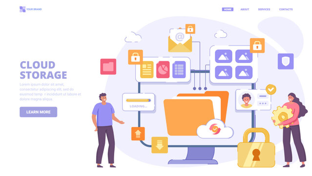 Cloud storage, remote data, personal files security, cloud technology, data protection. Flat design concept with characters. Vector illustration for website, banner, landing page.