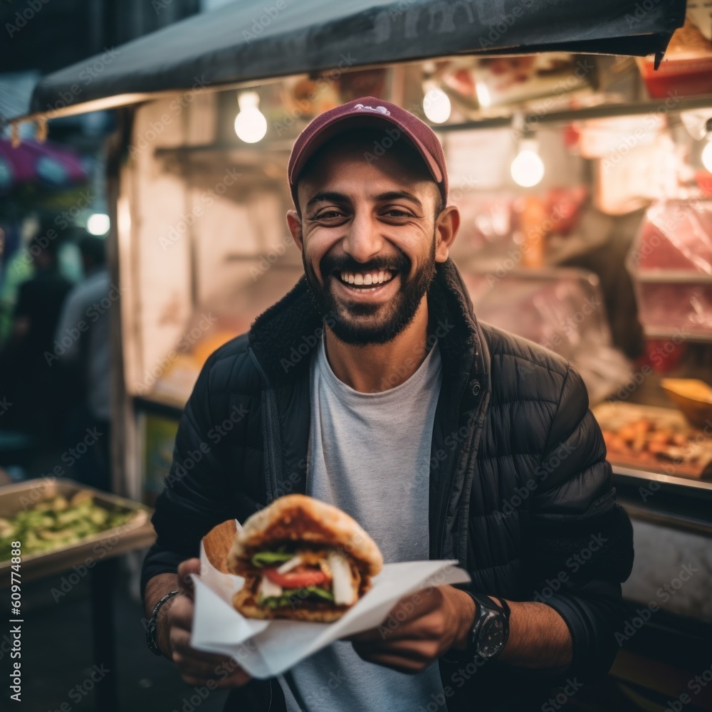 Poster a man is smiling while holding a sandwich. generative ai image.