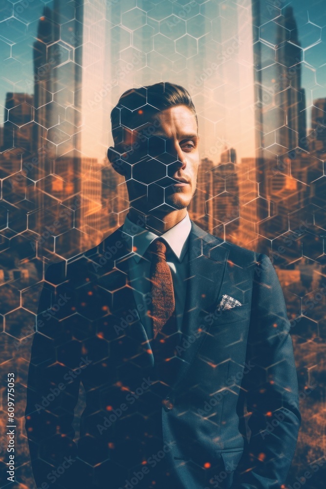Poster a man in a suit and tie standing in front of a cityscape. generative ai image.