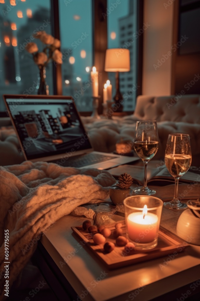 Poster a laptop computer sitting on top of a table next to a glass of wine. generative ai image.