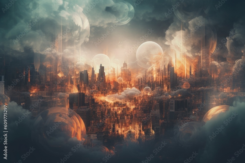 Wall mural a city with a lot of smoke coming out of it. generative ai image.