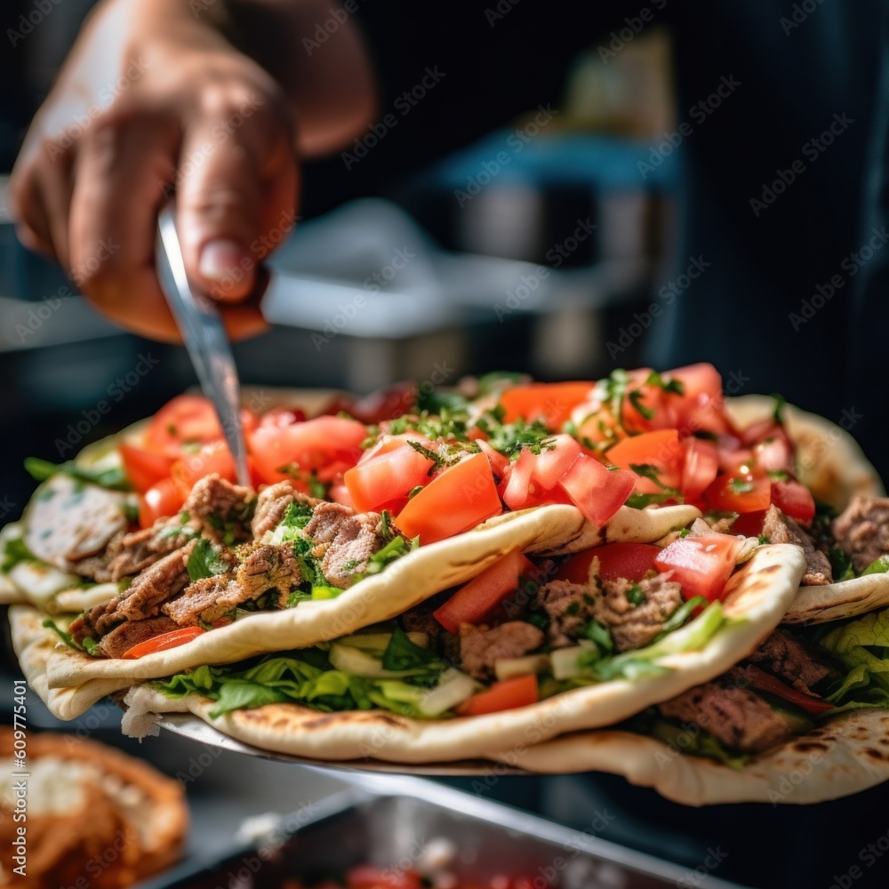 Poster a person cutting up a pita with a knife. generative ai image.