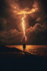 Man and panoramic landscape due to drought and weather before rain AI Generative AI