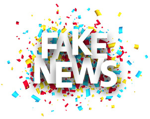 Fake news sign over colorful cut ribbon confetti background. Vector illustration.