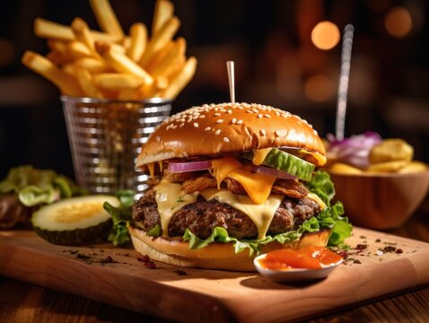 A cheeseburger and french fries on a cutting board. Generative AI image.