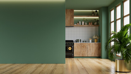kitchen environment with green walls, adorned with simple yet beautiful decor and accessories.3d rendering