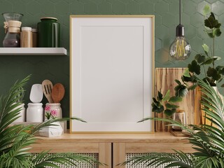 kitchen room ambience with a captivating mockup photo frame, elegantly mounted on a green wall.3d rendering