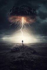Man and panoramic landscape due to drought and weather before rain AI Generative AI