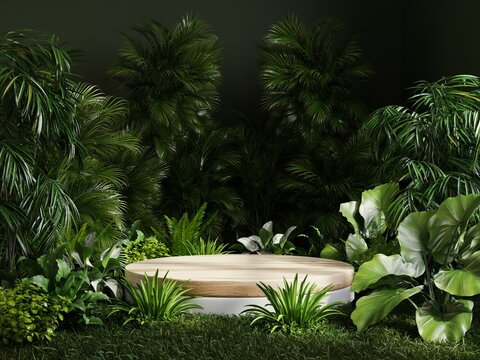 Product presentation with a wooden podium set amidst a lush tropical forest, enhanced by a vibrant green backdrop.3d rendering