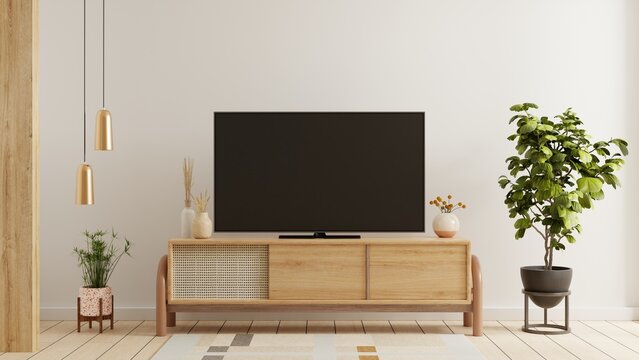 Living room with a white wall background, enhanced by the presence of a beautifully mounted TV. 3d rendering