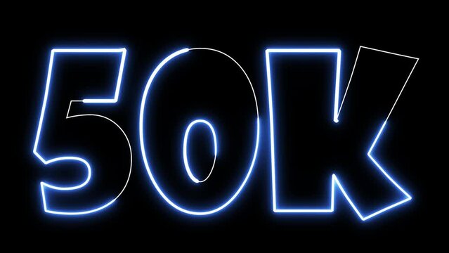 4K Ultra Hd Video. 50K Electric blue lighting text with animation on black background, 3D Animation. 50 000 Number. Fifty thousand.
