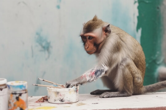 a monkey is painting a wall