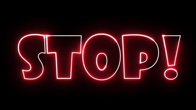 Stop text electric red lighting text with on black background, 3D Animation. 