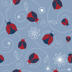 Vector light blue garden tea party ladybugs seamless pattern background design.