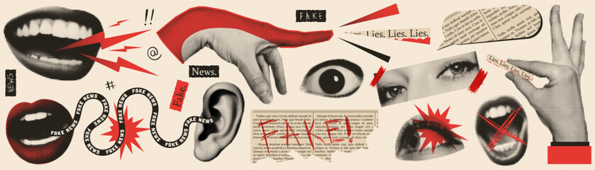 Fototapeta na wymiar Fake news trendy vintage collage conception. Halftone lips, eyes, hands. Retro newspaper and torn paper. Elements for banners, poster, sosial media. Vector.