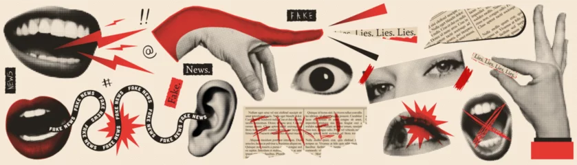 Fotobehang Fake news trendy vintage collage conception. Halftone lips, eyes, hands. Retro newspaper and torn paper. Elements for banners, poster, sosial media. Vector. © Alina Kolyuka