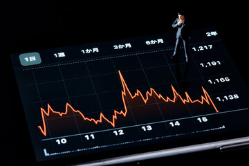 スマートフォンの画面の上でグラフを見るミニチュア人形