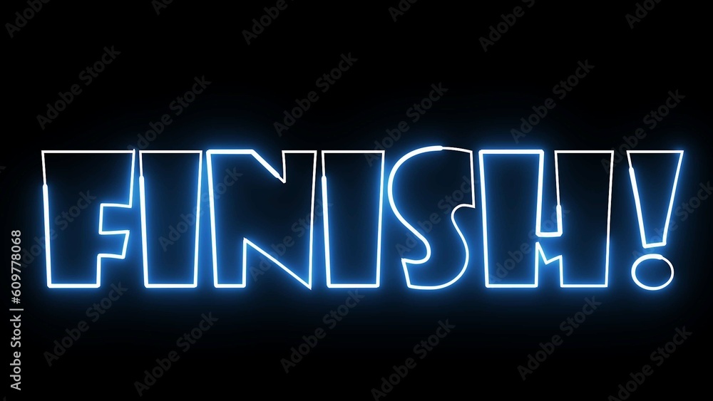 Poster finish electric red lighting text with on black background, 3d rendering. finish text word.