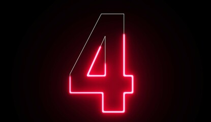 4 Number Electric red lighting text with on black background. Four Number neon sign. 