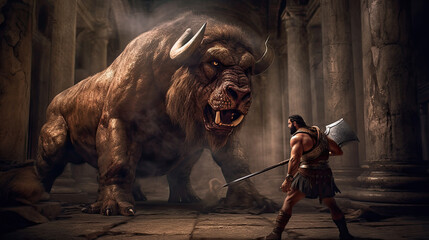 Illustration about the myth of Hercules and the ERYMANTHUS BOAR - AI generated image.