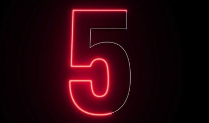 5 Number Electric red lighting text with animation on black background, 3D Rendering. Five Number. 