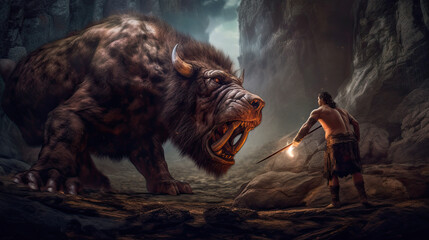 Illustration about the myth of Hercules and the ERYMANTHUS BOAR - AI generated image. - obrazy, fototapety, plakaty