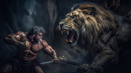 Illustration about the myth of Hercules and the Nemean lion - AI generated image. - obrazy, fototapety, plakaty