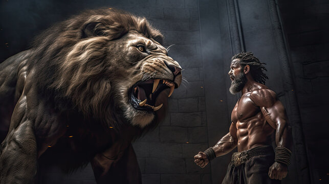 Illustration about the myth of Hercules and the Nemean lion - AI generated image