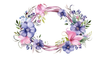 spring floral wreath with ribbon in watercolor style, isolated on a transparent background for design layouts