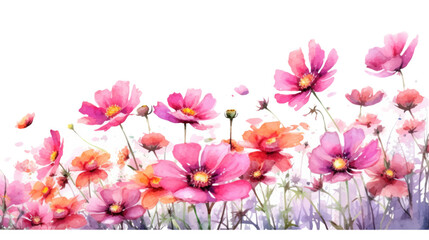 Fototapeta na wymiar vibrant cosmos flower border in watercolor style, isolated on a transparent background for design layouts