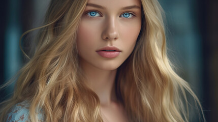 Naklejka premium A close up stock photo of a an elegant young woman with long blonde hair. AI generated.