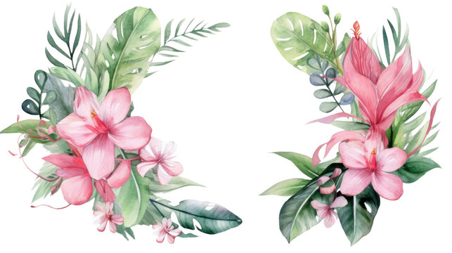 tropical foliage wreath with ribbon in watercolor style, isolated on a transparent background for design layouts